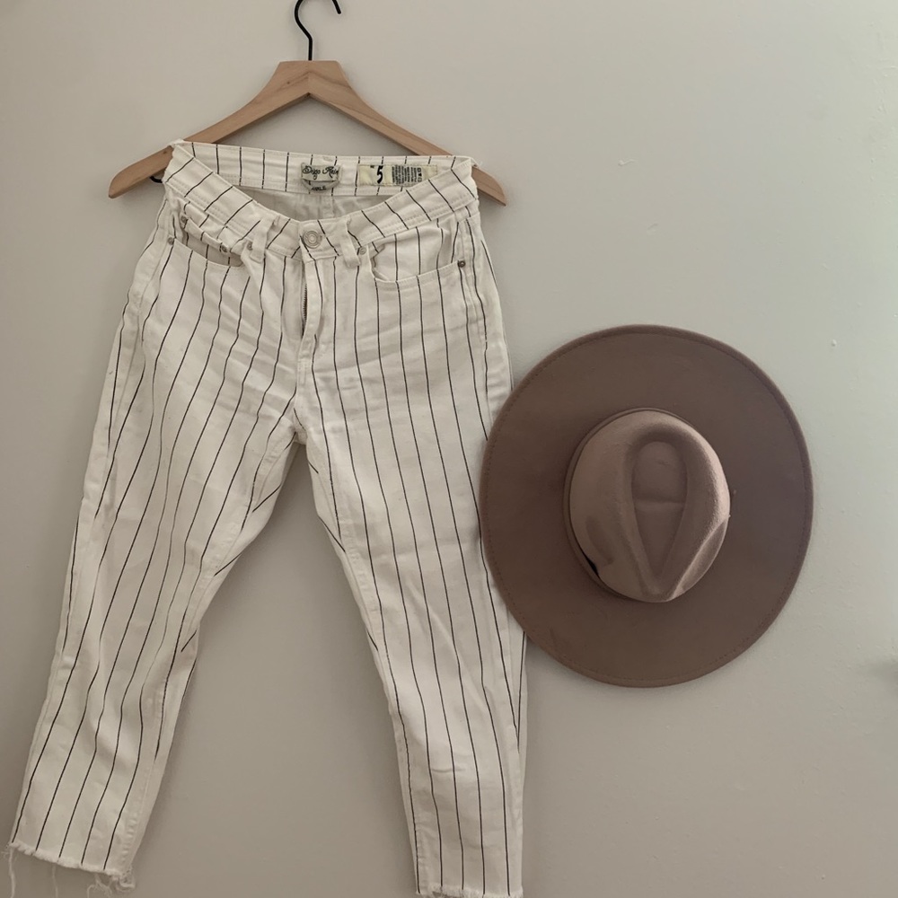 black + white pinstripe ankle pants